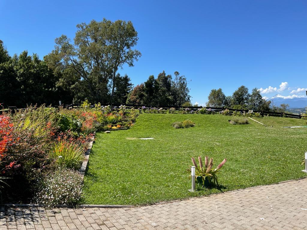 Jardín terminado con especies ornamentales coloridas en Panguipulli